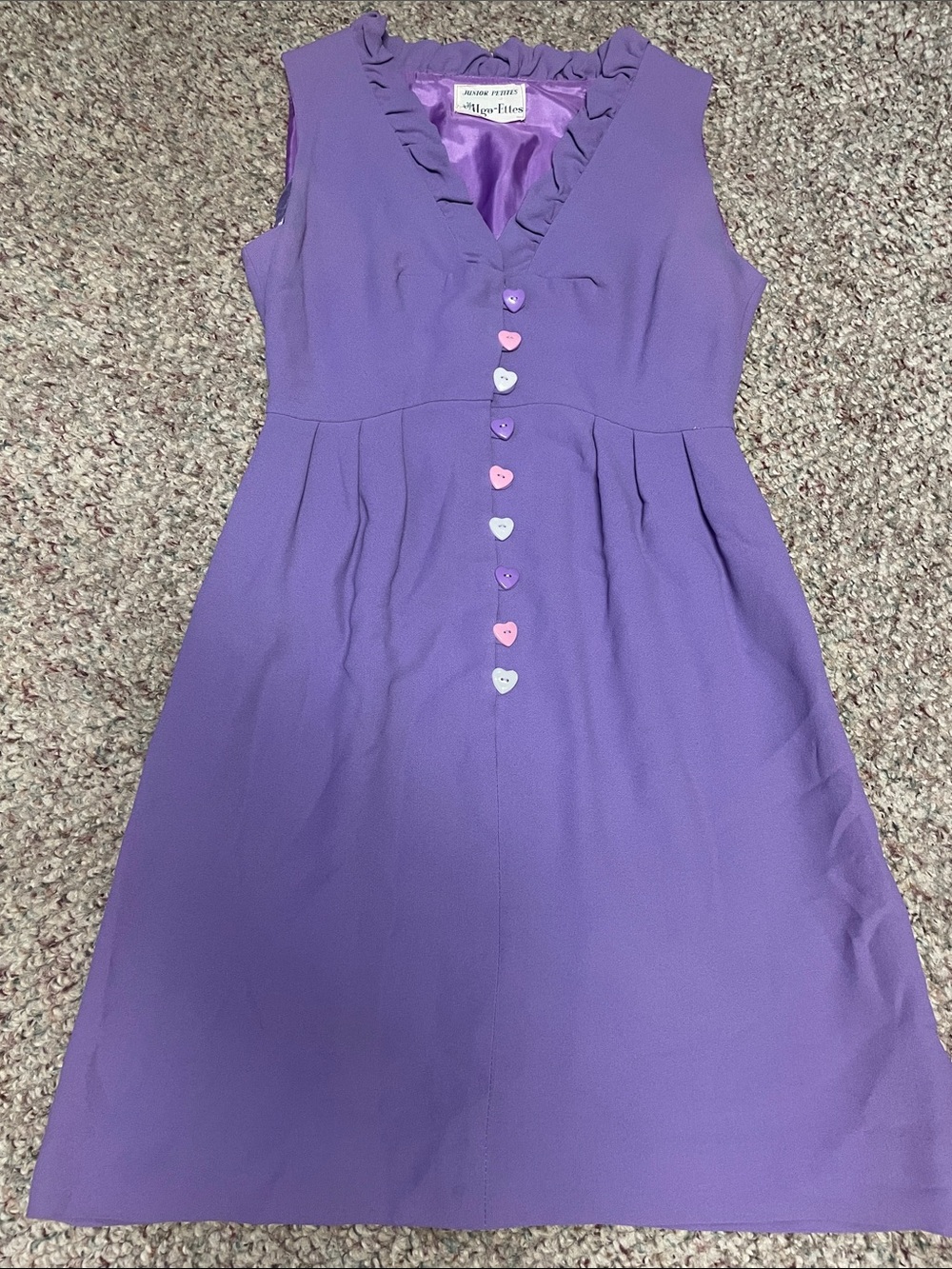 Vintage 60s Lavender Heart-Button front ruffle neck minidress